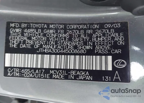 2004 Lexus Es 330 из США, поврежденный, VIN JTHBA30G445008680